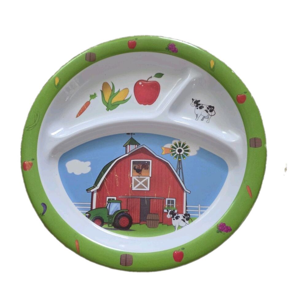 Vintage Melamine Kids Divided Plate Farm House Vegetables Cow Rooster Tractor